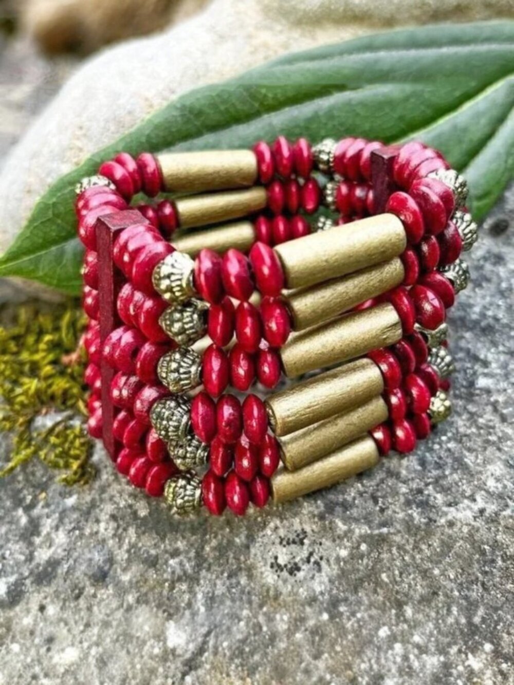 Red Wood Bead Stretch Stack Bracelet - Picture 3 of 4